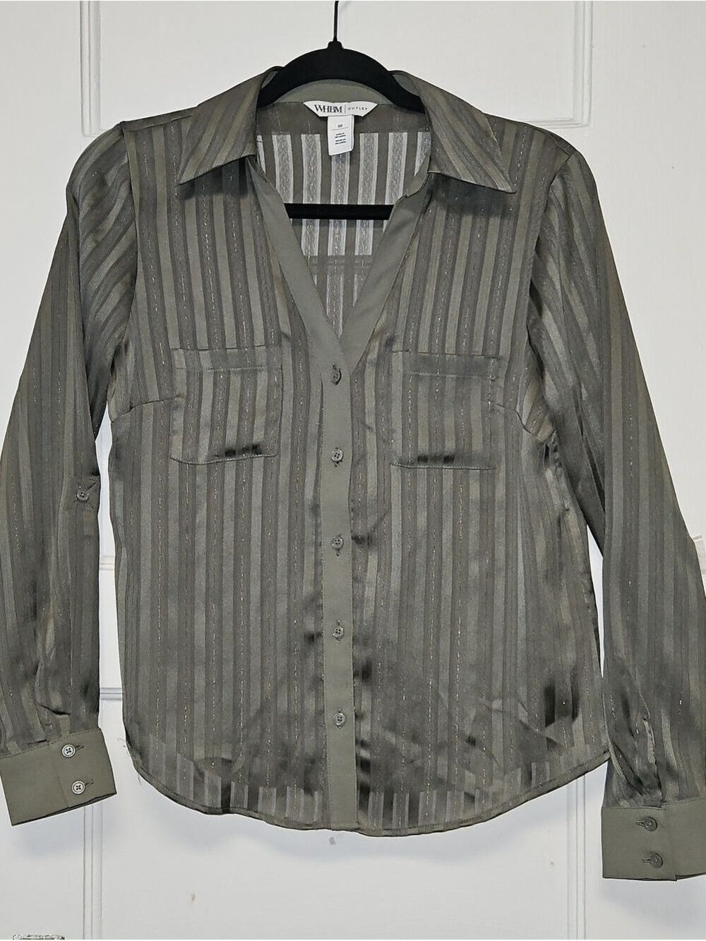 White House Black Market Olive Sheer Stripe Button Front Shirt - Picture 1 of 7